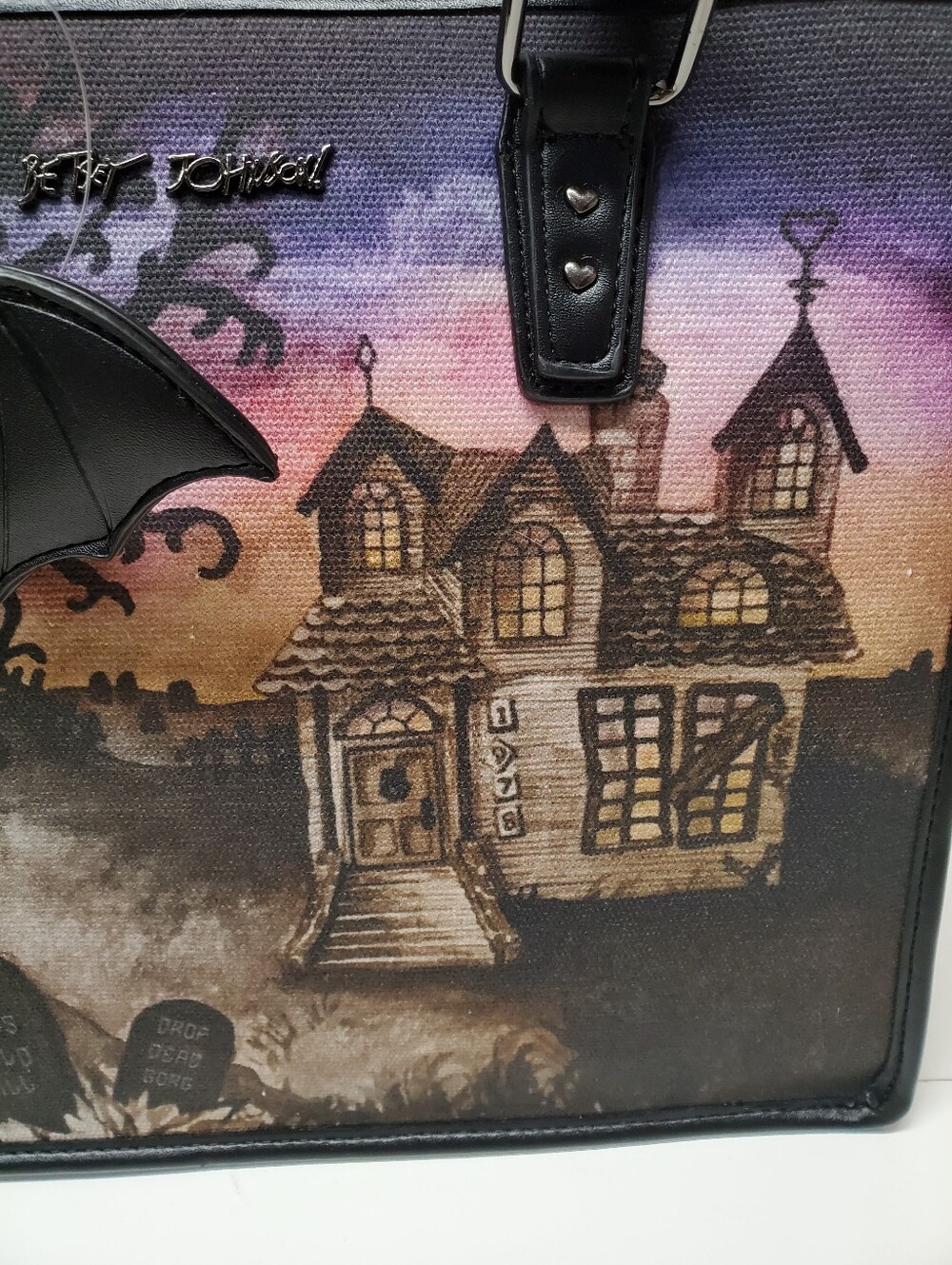 Betsey Johnson Halloween tote bag with bat charm featuring haunted house graphic - Picture 3 of 8